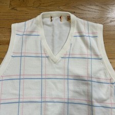 Vtg V-Neck Sweater Vest Pullover Cream w/ Pink  Blue Windowpane Plaid Men L 44"