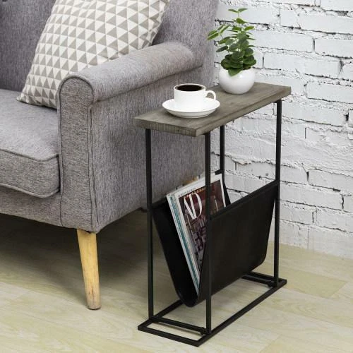 Home Decor Modern Gray Wood Black Metal End Table w Magazine
