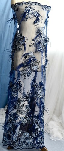 Sale Luxury Embroidery Navy Lace Fabric Beaded Feather Wedding Costume Fabric - Picture 8 of 16