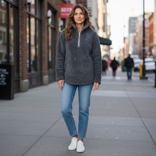 Simply Southern Womens XXL Gray Sherpa Fleece Quarter Zip Pullover Sweater