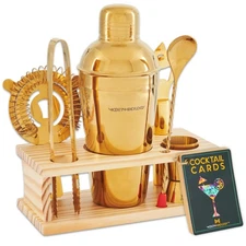 Mixology Bartender Kit - 8-Piece Gold Cocktail Shaker Set with Pine Wood Stan...