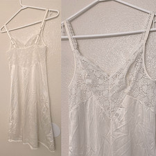 Vintage white lace Chemise slip dress nylon blend Lingerie Nightgown 34 S/M