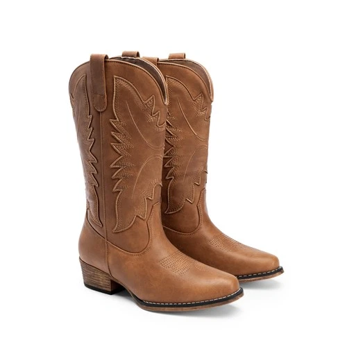 Women Embroidered Stitched Western Cowgirl Boots Mid-Calf Retro Cowboy Boots