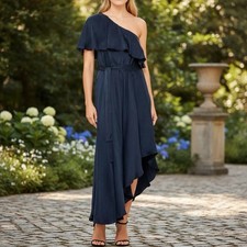 Zimmermann One Shoulder Asymmetrical Midi Dress Sz 2 AU 12/US 8 Navy Sueded Silk