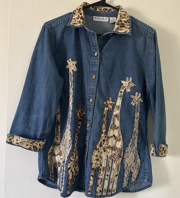 Vintage 1990s Dressbarn Denim Giraffe Embroidered Leopard Trim Shirt Jacket Sz M