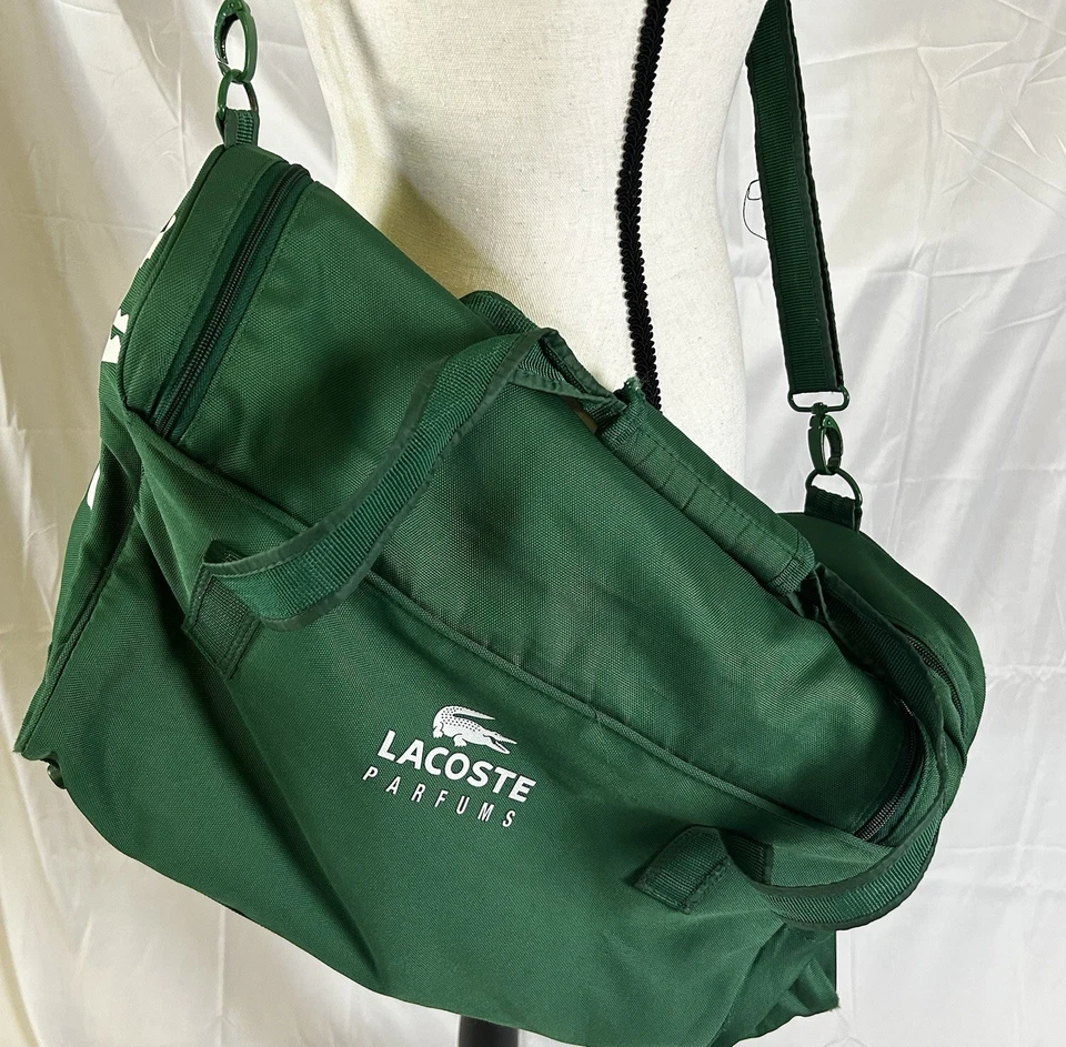  Vintage LACOSTE Parfums Promotional Duffle Bag Shoulder Strap Green 20x11x10  - Image 4 of 4