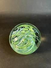 Vintage Wheaton Village Art Glass Green Blue  & White Swirls Paperweight