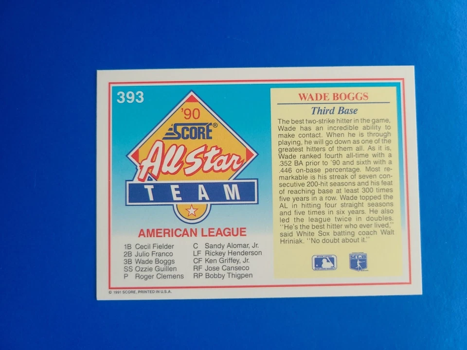 1991 Score Wade Boggs Card - Image 2 of 2