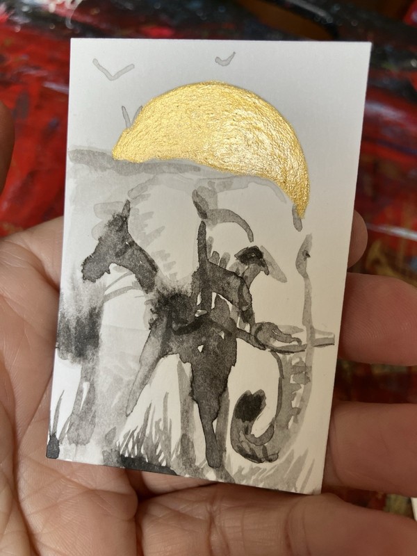 ORIGINAL Elephant Sunset Painting realism Miniature Tiny Africa Art Sumi-e Gold