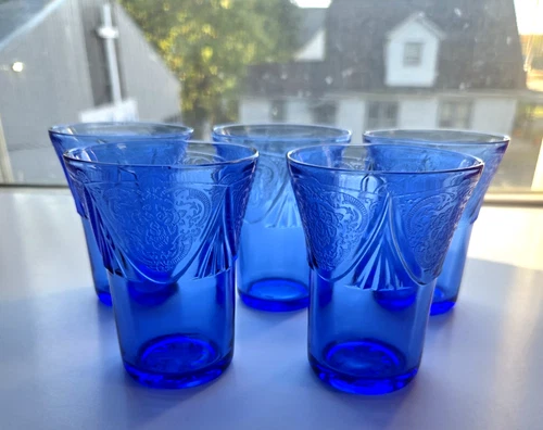 5 Hazel Atlas ROYAL LACE 3 1/2" Cobalt Blue Depression Glass Juice Tumblers