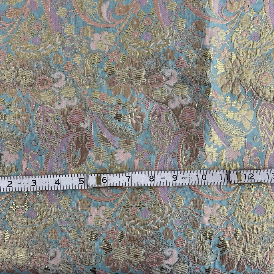 Tela Brocado Azul Claro Turquesa Rosa Oro Floral 44” x 2 Yardas Foto 4 de 4