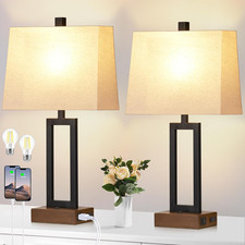 Set of 2 Modern Bedside Table Lamps with USB Ports  AC Outlet, LED Bulb Include