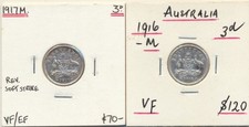 Australia: 1916, 17-M 3d KGV Silver Threepence, Above Average (2 Coins)