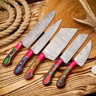 5pc Damascus Chef Knife Set Handcrafted Kitchen Knives | Multicolor Wood | Bag