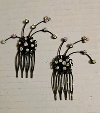 VTG Black Metal Hair Combs Aurora Borealis Rhinestones READ