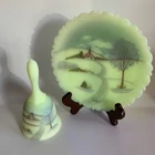 Vtg 1980 Glowing Custard Glass Set Bell & Plate
