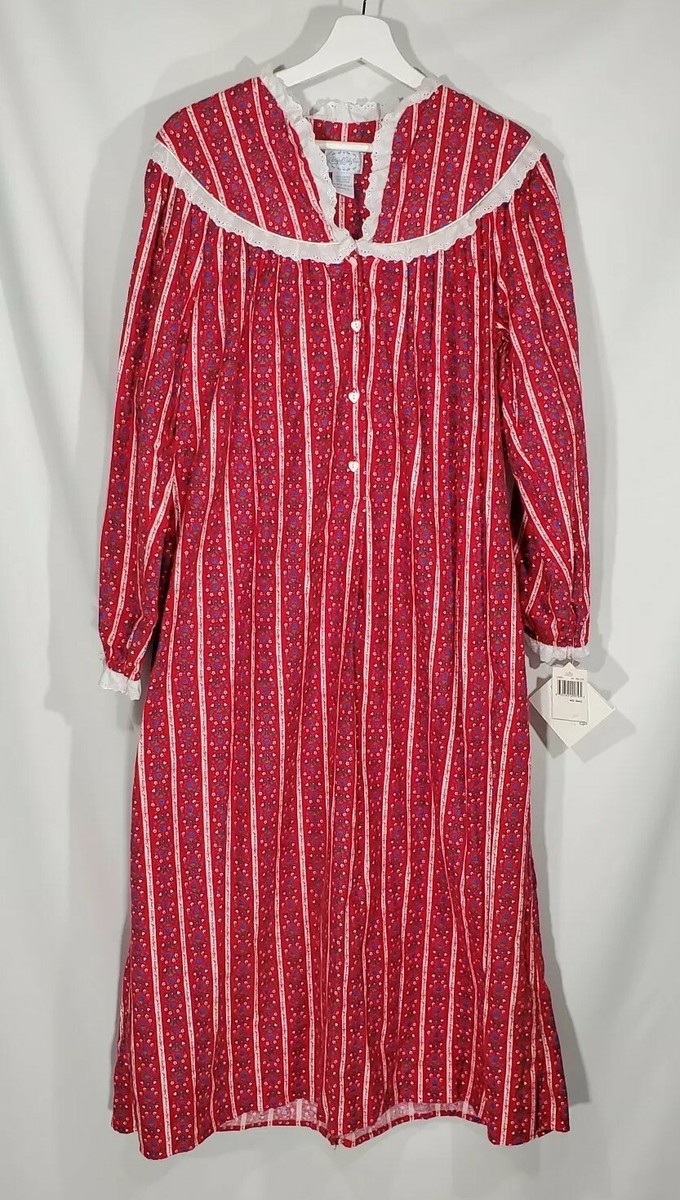 New Lanz of Salzburg Waltz Length Red Stripe Flannel Nightgown Sz S Tyrolean