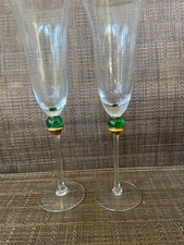 2 Crate & Barrel Champagne Flutes 9 3/4" Green Ball & Gold Accent 2 sets avail.