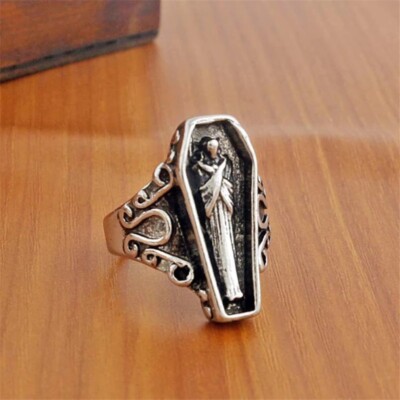 Gothic Vintage Silver Plated Coffin Egyptian Mummy Vampire Ring - Adjustable 
