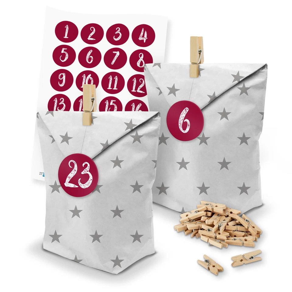 itenga Adventskalender 24x Tüten Sterne Klammern Zahlen Vintage Bordeaux 1-24