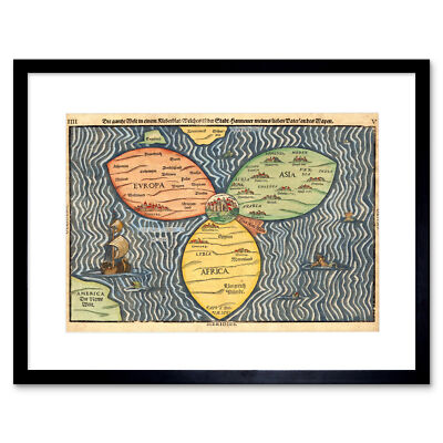 Map Antique JerUSAlem Bunting Clover Leaf World Framed Print 12x16 Inch