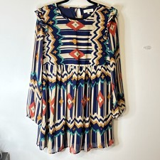 UMGEE Dress Aztec Southwestern Print, Ruffle Shoulder Boho Sz Large Multi Color