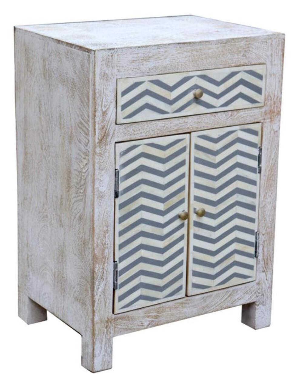 Whitewashed 2-drawer bedside cabinet with grey and white chevron bone design