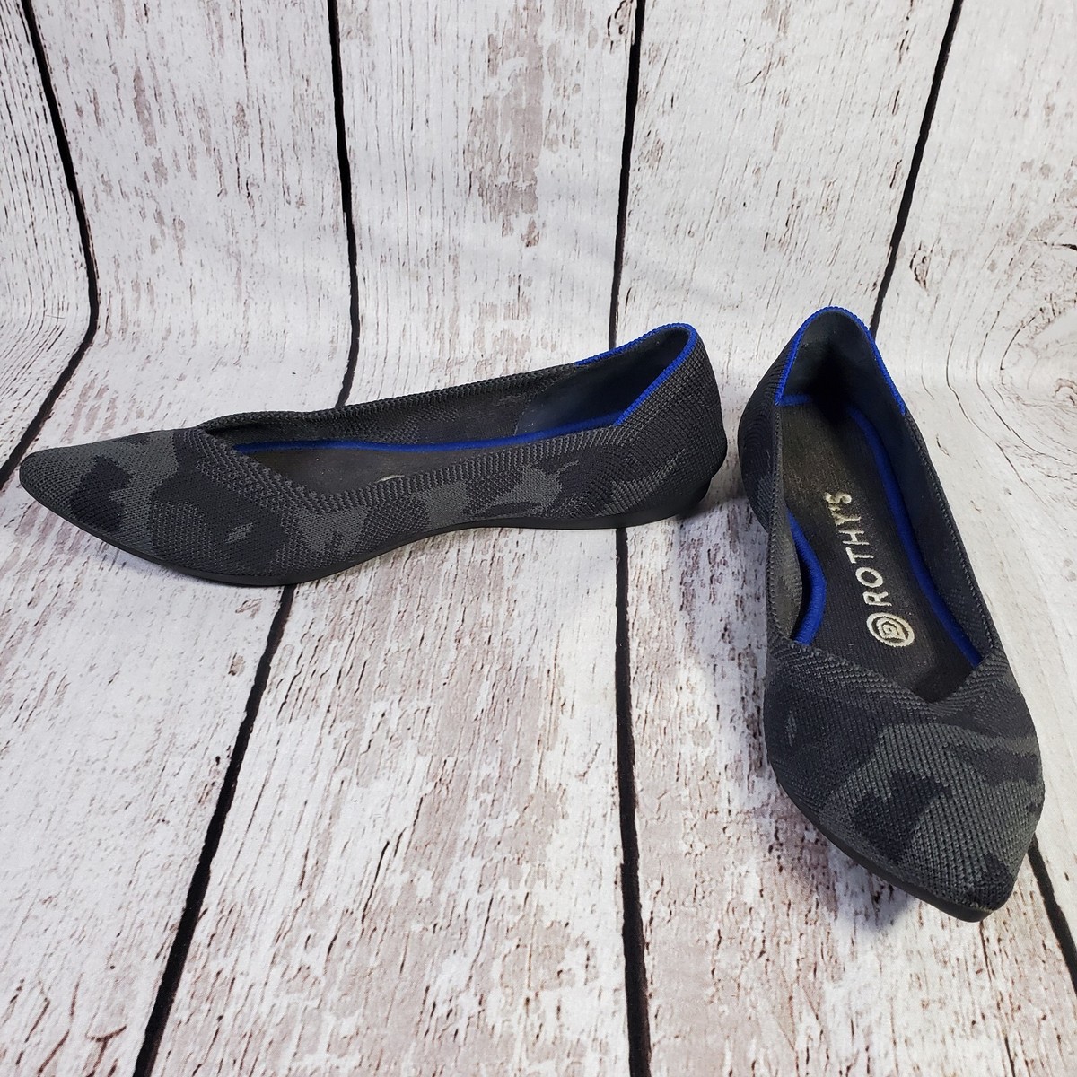 Rothy's The Point Black Gray Camo Womens Shoes Slip-On