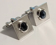 Vintage SHIELDS Cufflinks Silver Tone Hatch Marks Blue Hematite Cabochon Formal