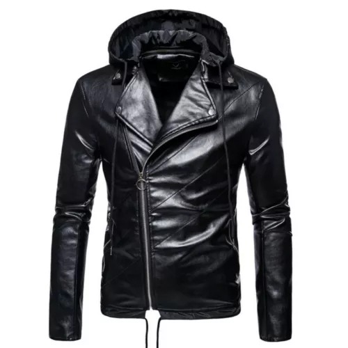 Mens Detachable Hooded Faux Leather Jackets Motorcycle Outwear Slim Biker Coats