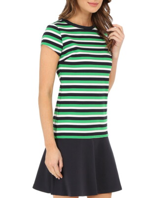 NWT $140 Michael Kors Bryanston Flounce Striped Ponte Dress Spring Green L