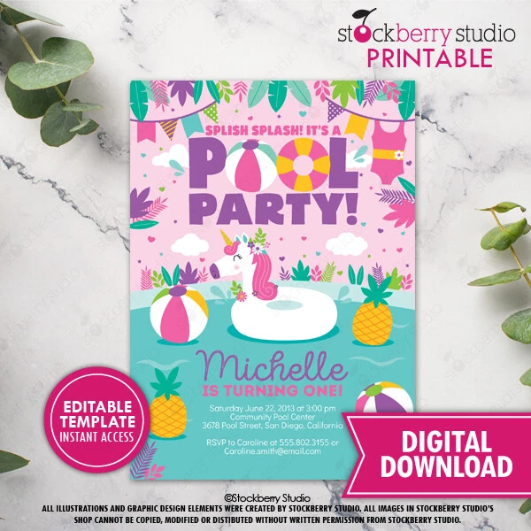 Unicornio Piscina Fiesta Invitación Niña Verano Cumpleaños Invitación Impresa Foto 4 de 4