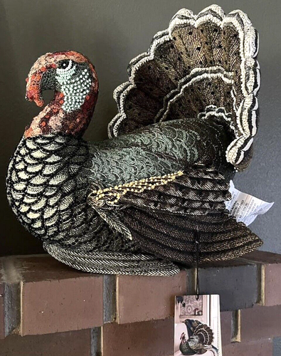 NWT John Derian x Target Beaded Fall Plush Turkey Pillow Thanksgiving 16X15 in - Picture 3 of 3