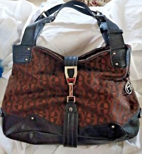 Etienne Aigner Handbag Purse Signature A Logo Brown Jacquard Black Faux Leather Ebay