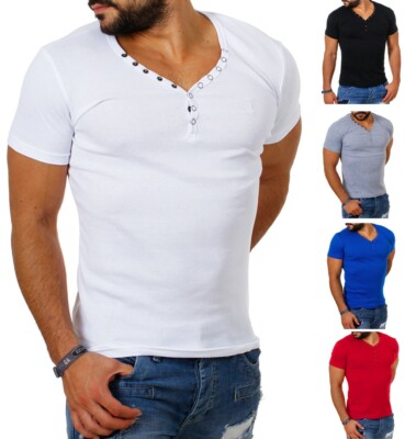 Young & Rich Herren feinripp T-Shirt mit Knopfleiste tiefer V-Ausschnitt slimfit
