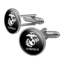 Marine Corps USMC Semper Fi Black White Round Cufflink Set Silver Color