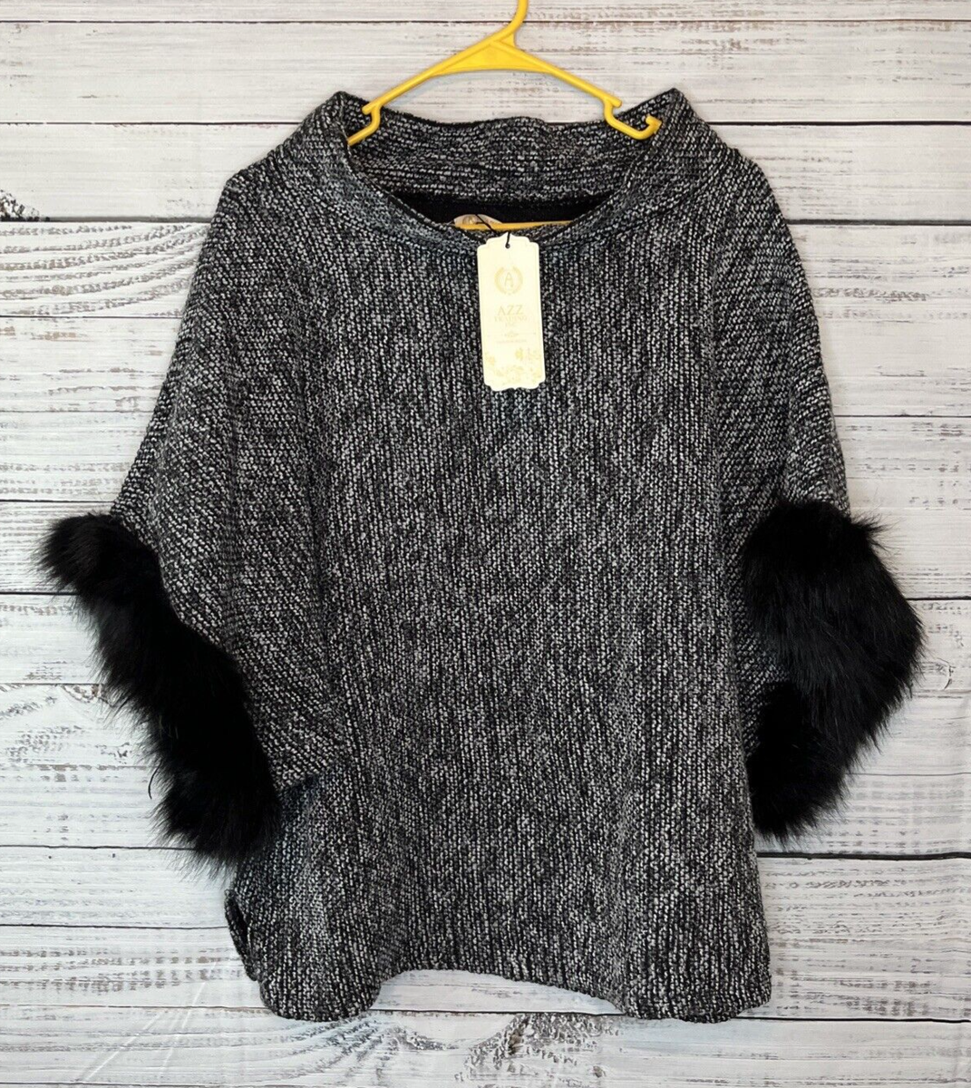 AZZ Trading Inc Poncho Womens OS Gray Black Cuffed Faux Fur Mock Neck  Viscose
