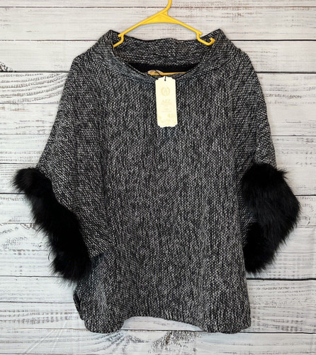 AZZ Trading Inc Poncho Women OS Gray Black Cuffed Faux Fur Mock Neck Viscose