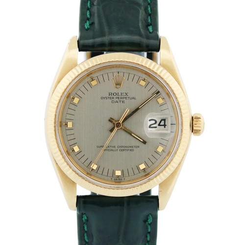 Rolex Oyster Perpetual Date 34mm SILVER 14K Yellow Gold Green ...