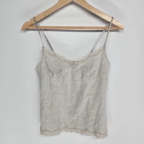 Uniqlo Camisole Cami Women M Gray White Striped Lace Trim Tank Top y2k coquette