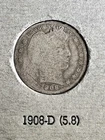 1908-D Barber Liberty Head Quarter 90% Silver Denver Mint US Coin Auction NR