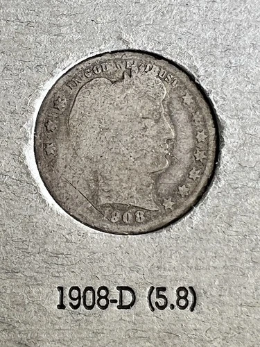 1908-D Barber Liberty Head Quarter 90% Silver Denver Mint US Coin Auction NR