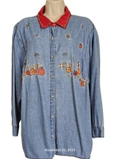 White Stag Plus Fall Embroidered Denim Button Front Shirt Womens 22W-24 Long Slv