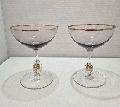 VTG  Hand Blown Champagne Glass Jozef Stanik Gold Ball Amethyst Glass Set 2 1956