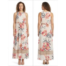 NWT Adrianna Papell Cream Maxi Chiffon Lace Trim Lined Dress Women Size 4