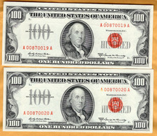 rare consecutive pair of red seal $100 Series 1966A United States Notes both AU