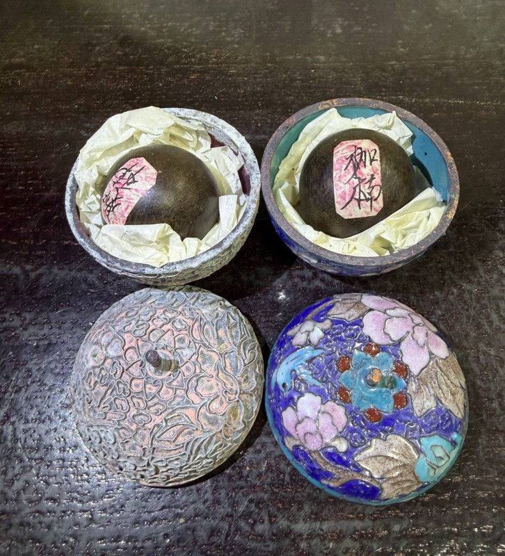 Two Antique/ Vtg. Brass Boxes of Chinese Agarwood Small Balls