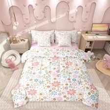 Pink Flowers 7 Pieces Bedding Set Size,Kids Cute Full Pink Green White Blue
