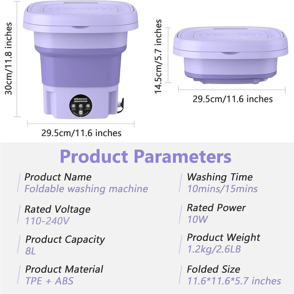 Folding Portable Washing Machine 8L Large Capacity Clothes Spin Dryer Bucket - Image 3 of 4