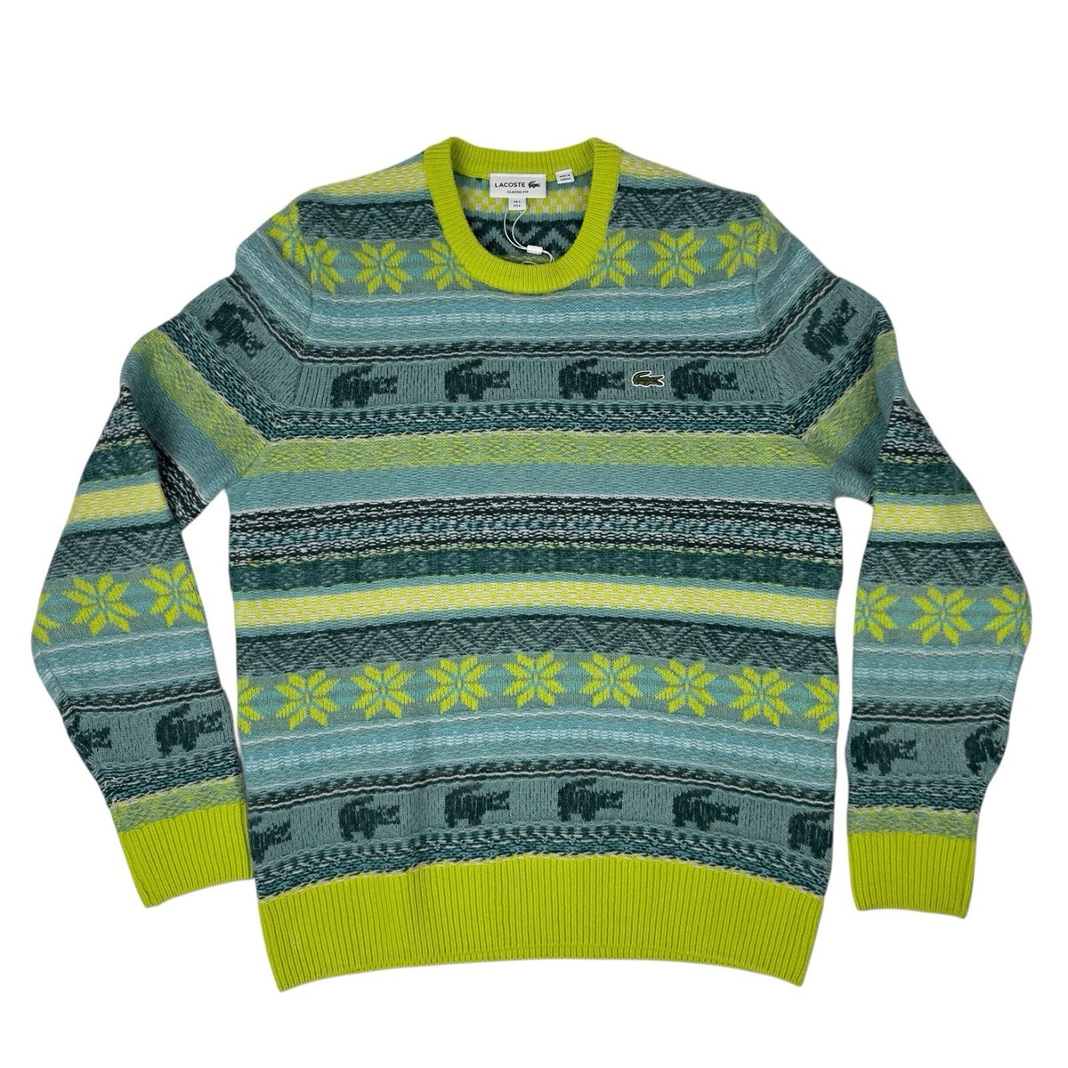 Lacoste Fair Isle Sweater Large Flash Yellow Wool Alpaca Knit 